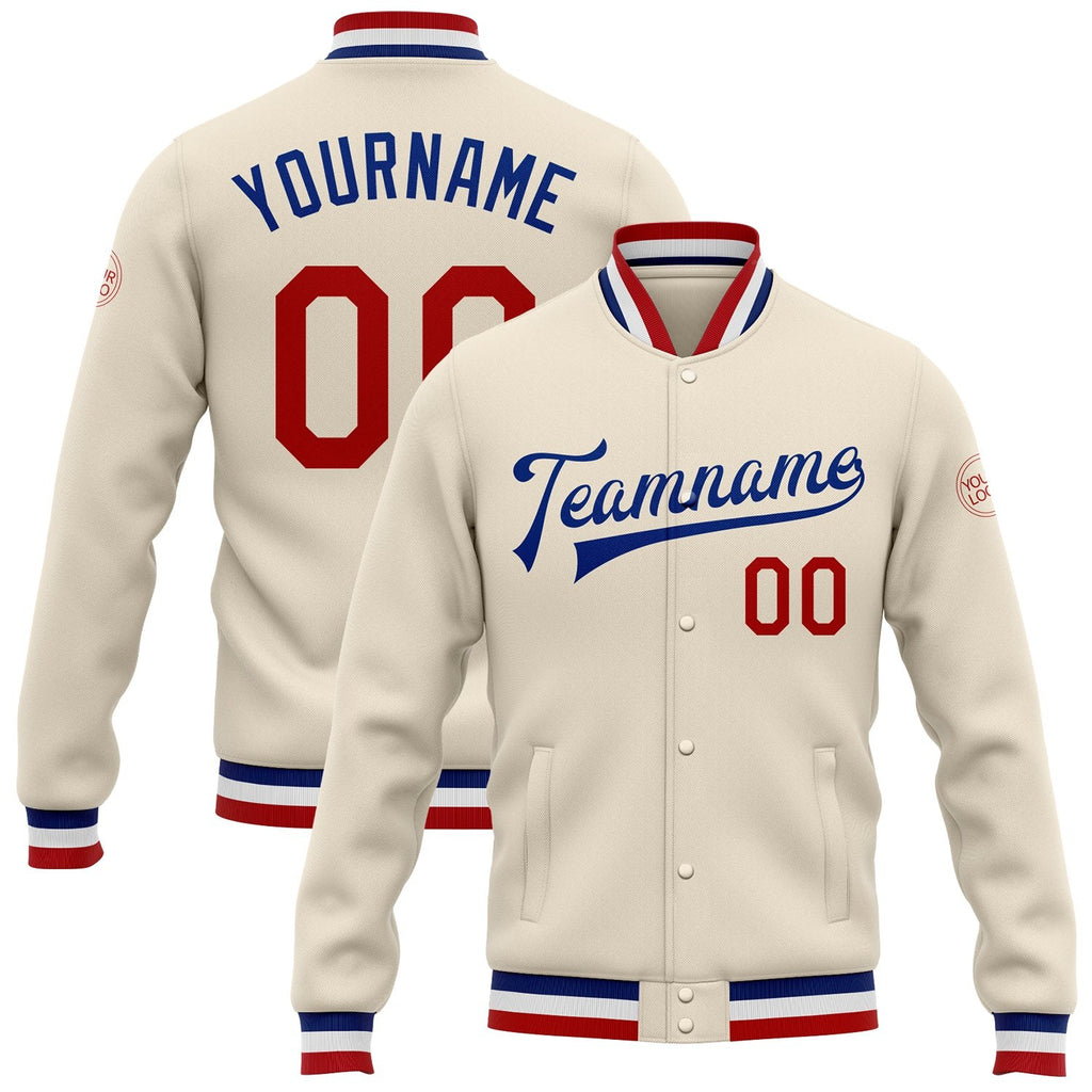 Custom Cream Red-Royal Bomber Full-Snap Varsity Letterman Jacket photo 1