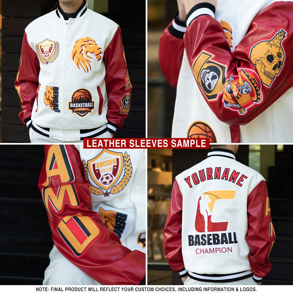 Custom Cream Red-Royal Bomber Full-Snap Varsity Letterman Jacket photo 2