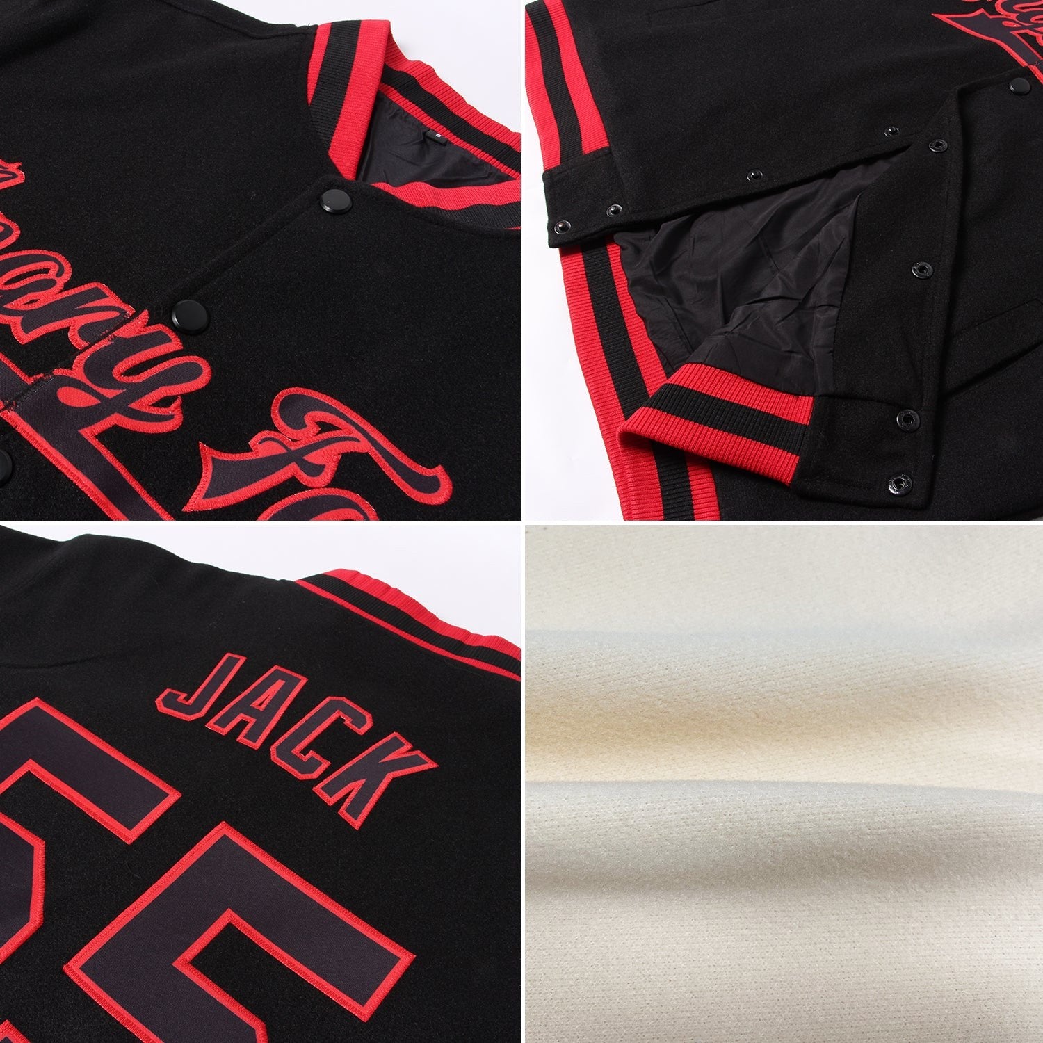 Custom Cream Red-Royal Bomber Full-Snap Varsity Letterman Jacket photo 4