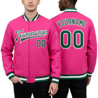 Custom Pink Kelly Green-White Bomber Full-Snap Varsity Letterman Jacket worn front and back