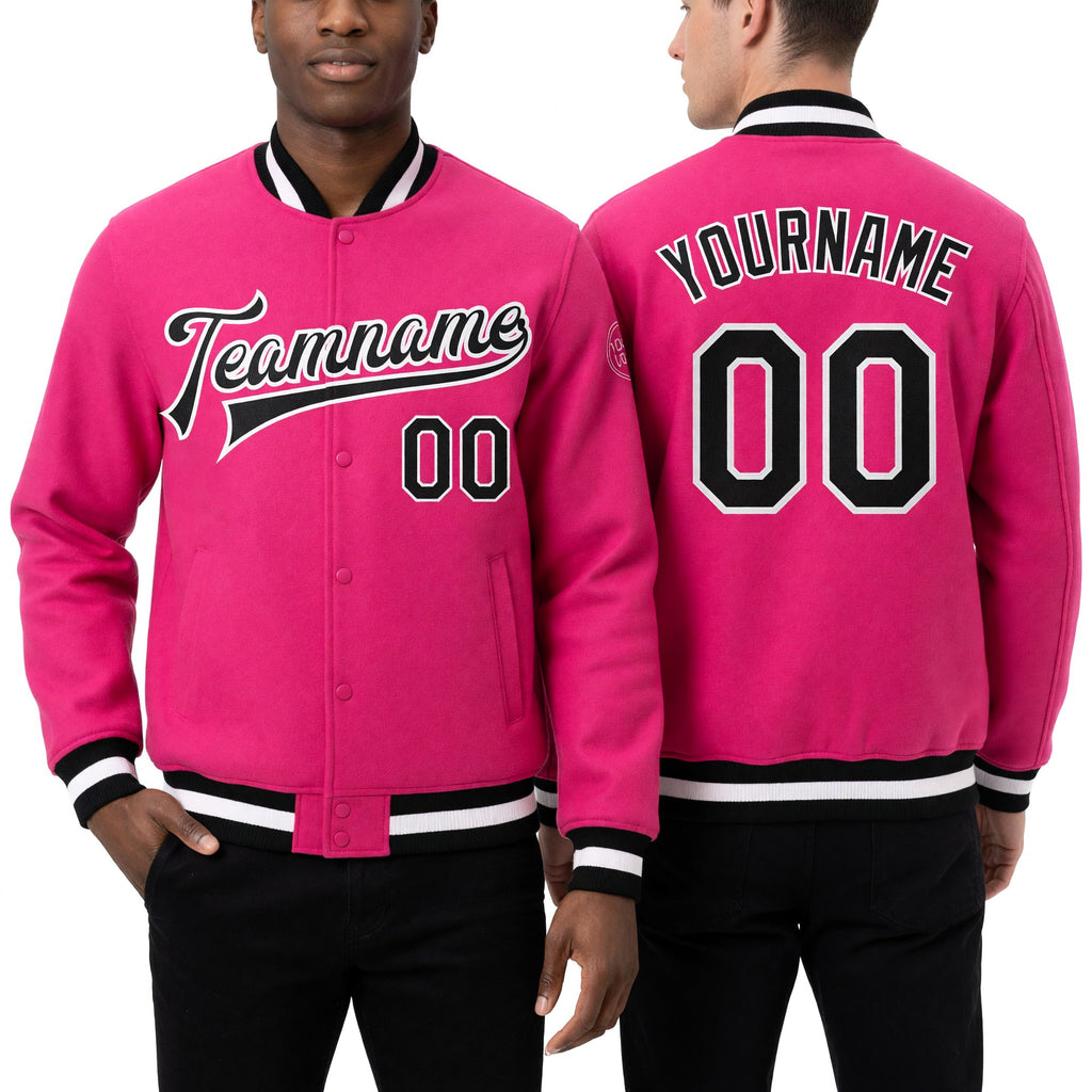Custom Pink Black-White Bomber Full-Snap Varsity Letterman Jacket worn front and back