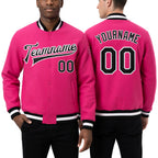 Custom Pink Black-White Bomber Full-Snap Varsity Letterman Jacket worn front and back