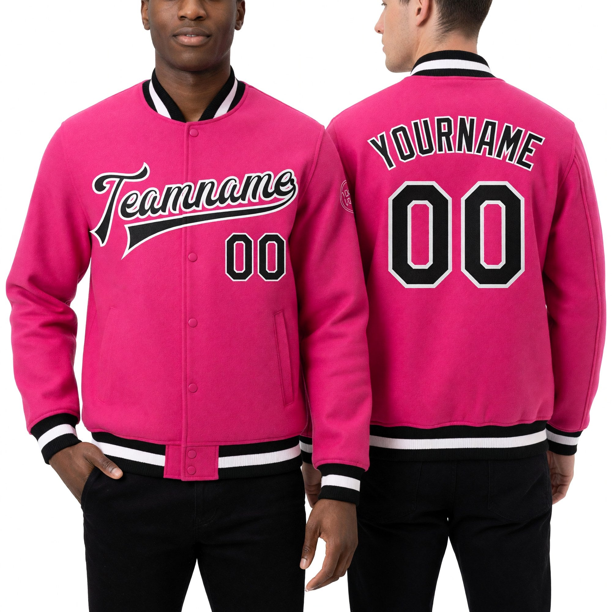 Custom Pink Black-White Bomber Full-Snap Varsity Letterman Jacket worn front and back