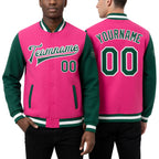 Custom Pink Kelly Green-White Bomber Full-Snap Varsity Letterman Two Tone Jacket worn front and back