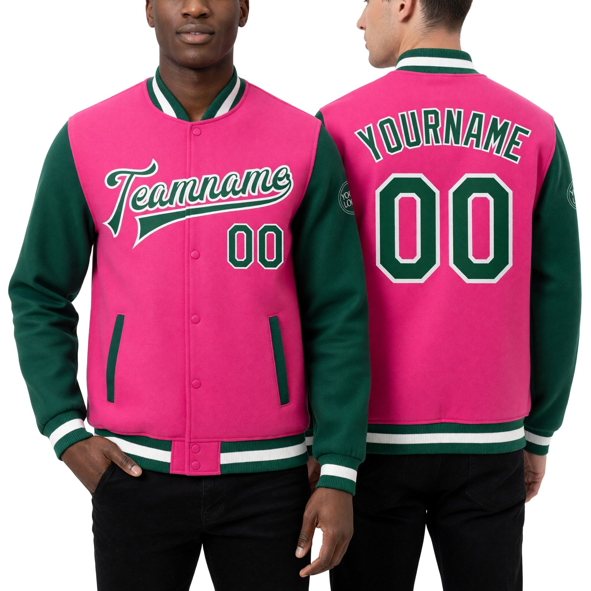 Custom Pink Kelly Green-White Bomber Full-Snap Varsity Letterman Two Tone Jacket worn front and back