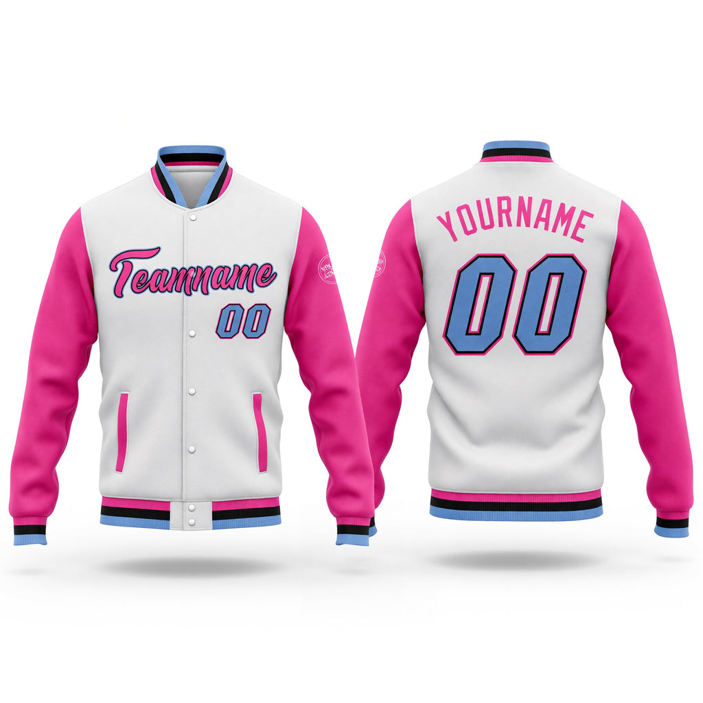 Custom White Light Blue Pink-Black Bomber Full-Snap Varsity Letterman Two Tone Jacket