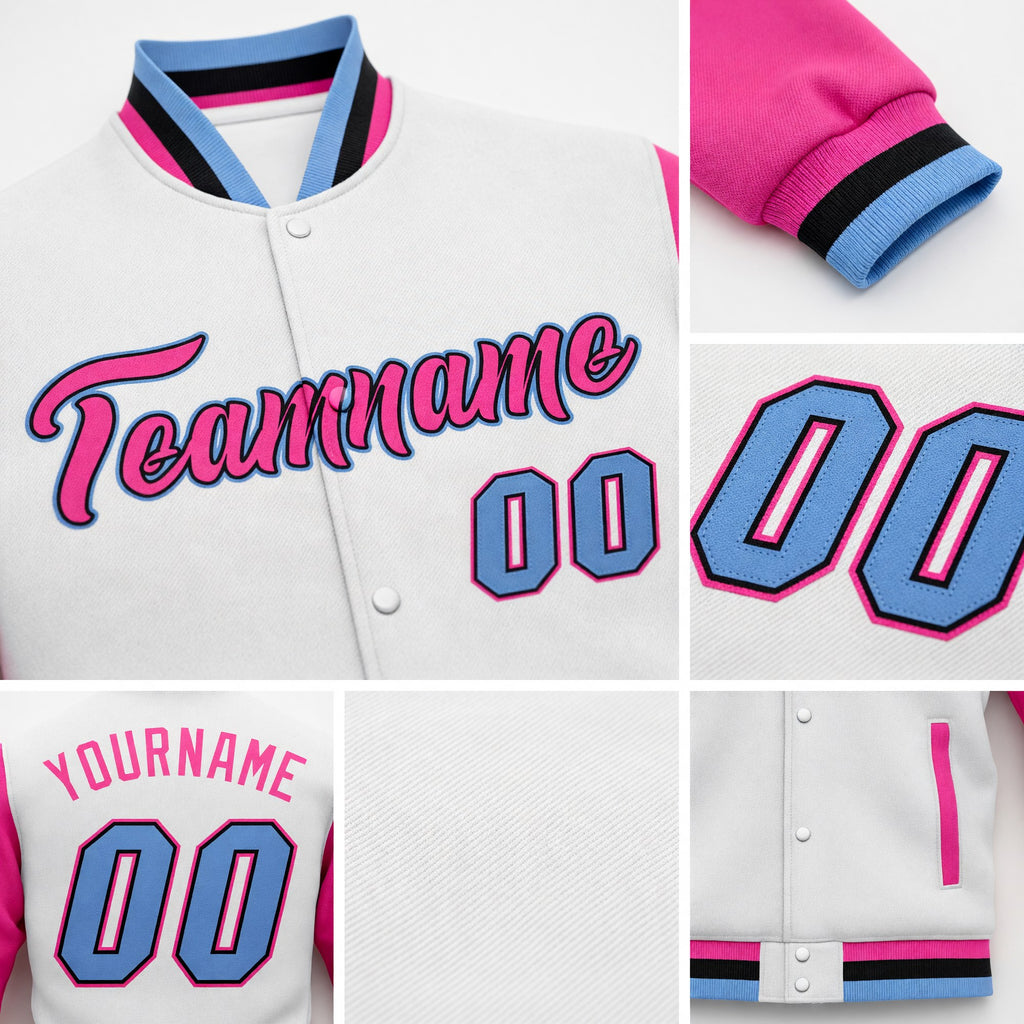 Custom White Light Blue Pink-Black Bomber Full-Snap Varsity Letterman Two Tone Jacket detail