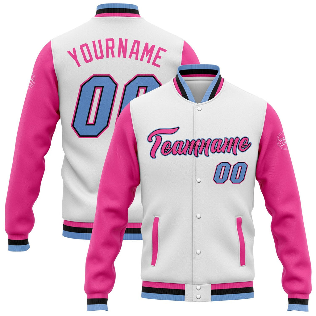 Custom White Light Blue Pink-Black Bomber Full-Snap Varsity Letterman Two Tone Jacket photo 1