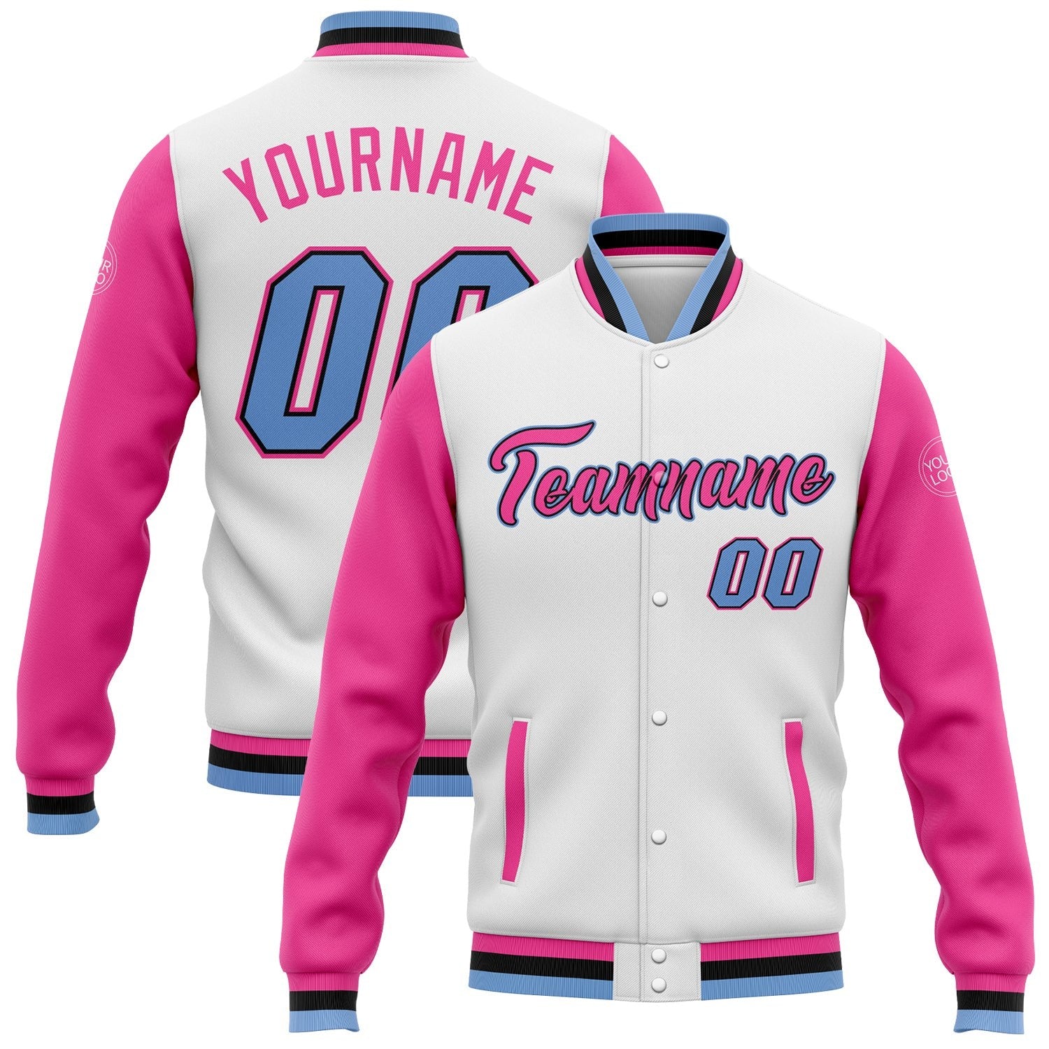 Custom White Light Blue Pink-Black Bomber Full-Snap Varsity Letterman Two Tone Jacket photo 1