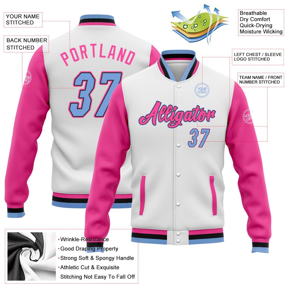 Custom White Light Blue Pink-Black Bomber Full-Snap Varsity Letterman Two Tone Jacket photo 5