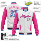 Custom White Light Blue Pink-Black Bomber Full-Snap Varsity Letterman Two Tone Jacket photo 5
