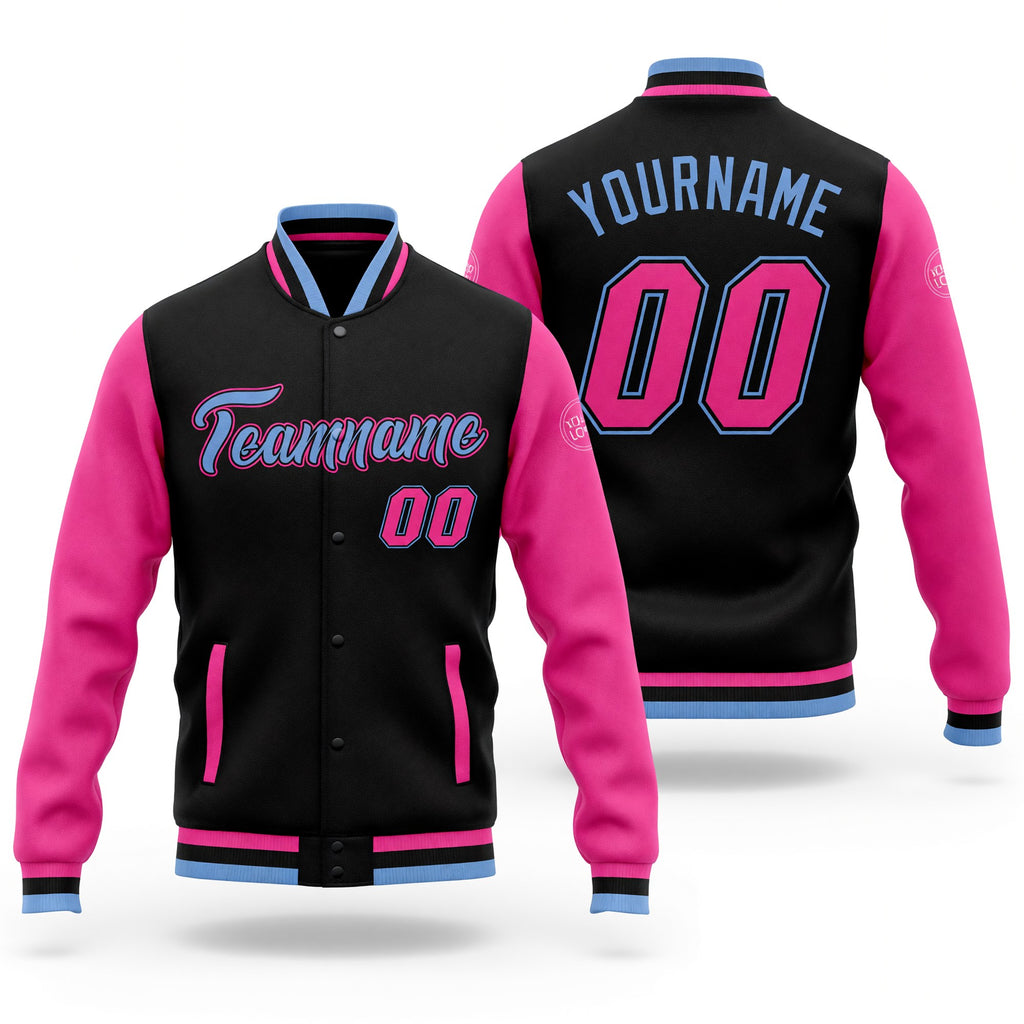 Custom Black Pink-Light Blue Bomber Full-Snap Varsity Letterman Two Tone Jacket