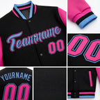 Custom Black Pink-Light Blue Bomber Full-Snap Varsity Letterman Two Tone Jacket detail