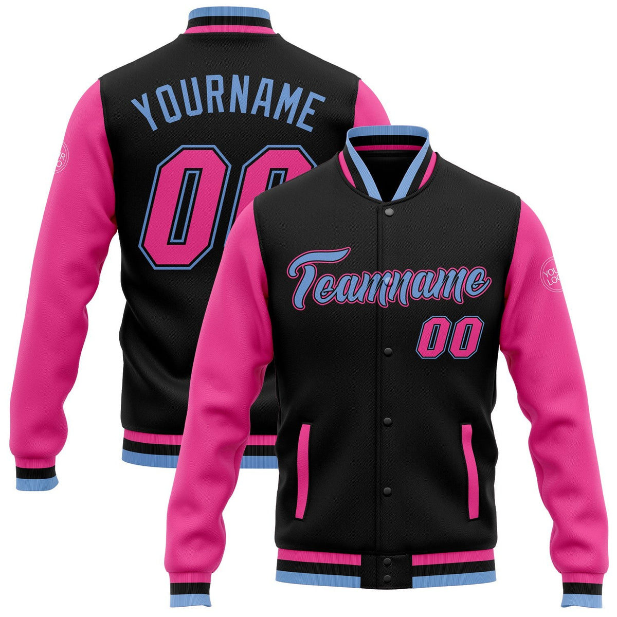 Custom Black Pink-Light Blue Bomber Full-Snap Varsity Letterman Two Tone Jacket photo 1