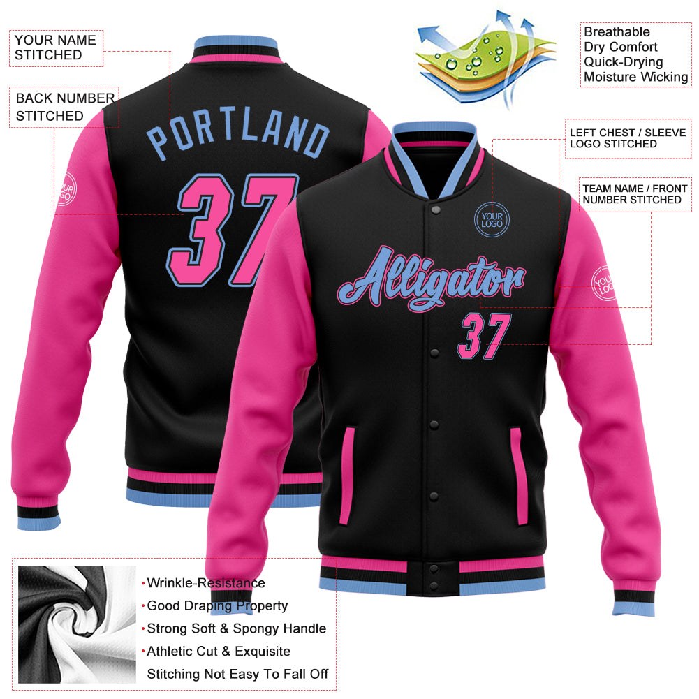 Custom Black Pink-Light Blue Bomber Full-Snap Varsity Letterman Two Tone Jacket photo 5