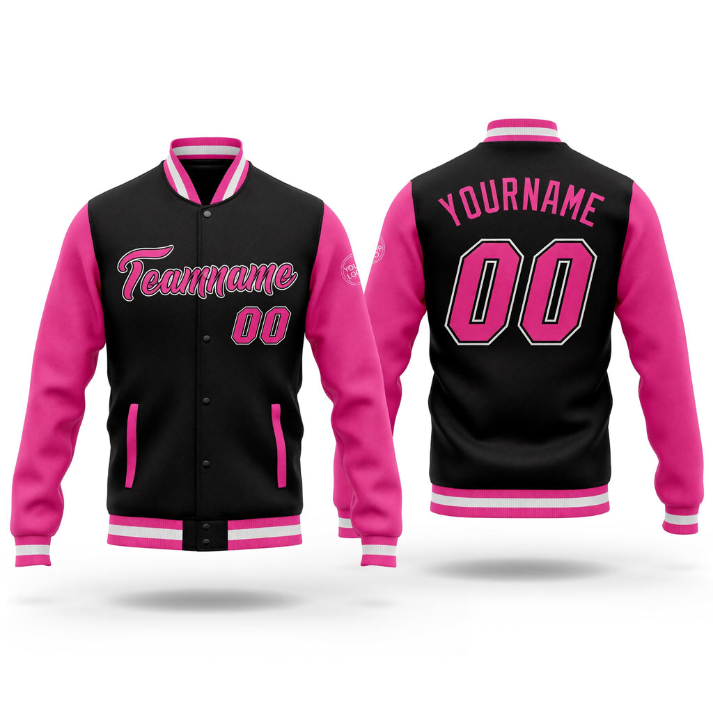 Custom Black Pink-White Bomber Full-Snap Varsity Letterman Two Tone Jacket