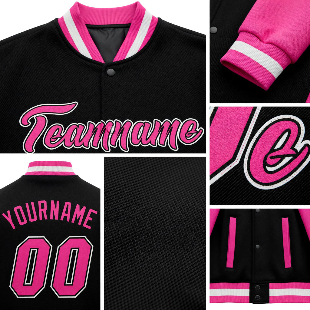 Custom Black Pink-White Bomber Full-Snap Varsity Letterman Two Tone Jacket detail