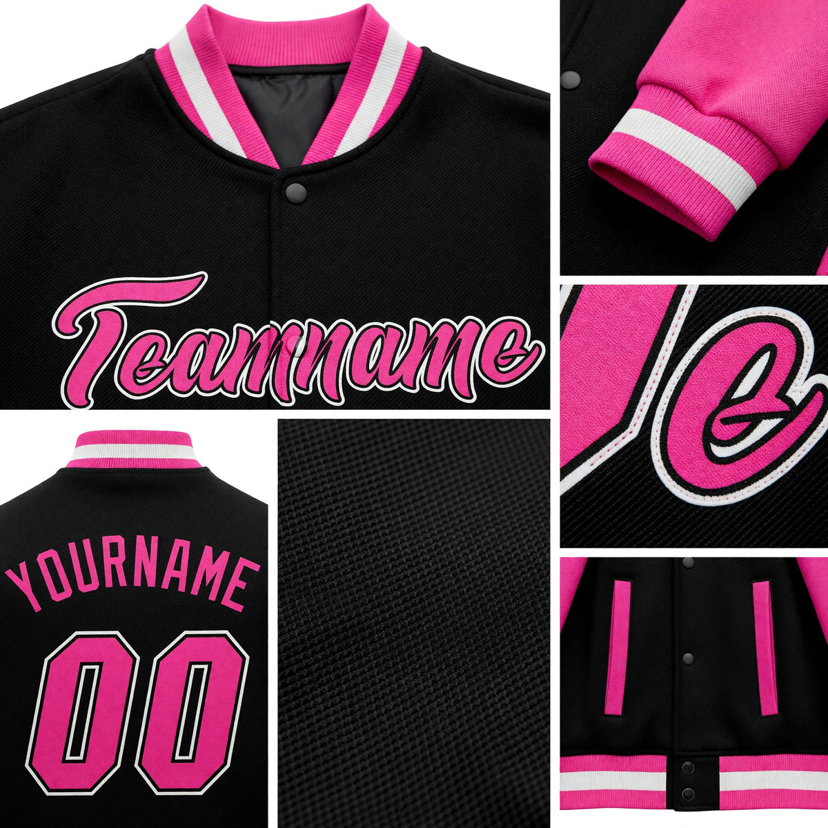 Custom Black Pink-White Bomber Full-Snap Varsity Letterman Two Tone Jacket detail