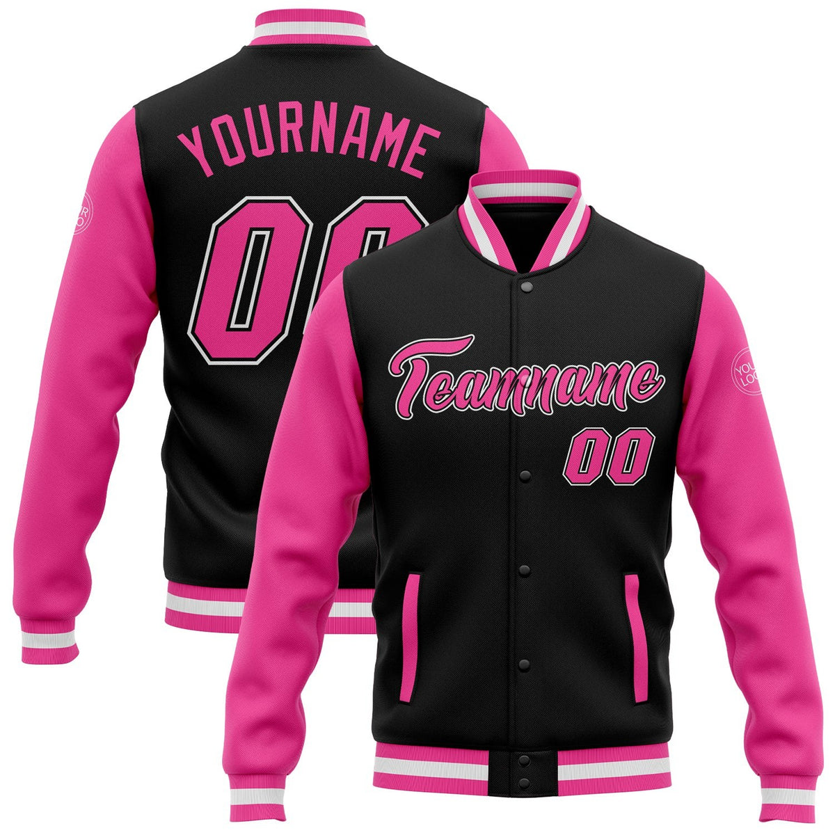 Custom Black Pink-White Bomber Full-Snap Varsity Letterman Two Tone Jacket photo 1