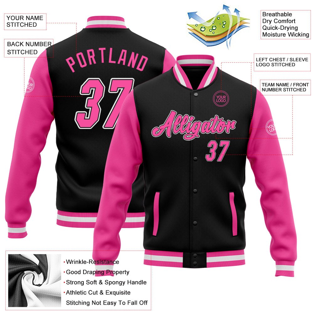 Custom Black Pink-White Bomber Full-Snap Varsity Letterman Two Tone Jacket photo 5