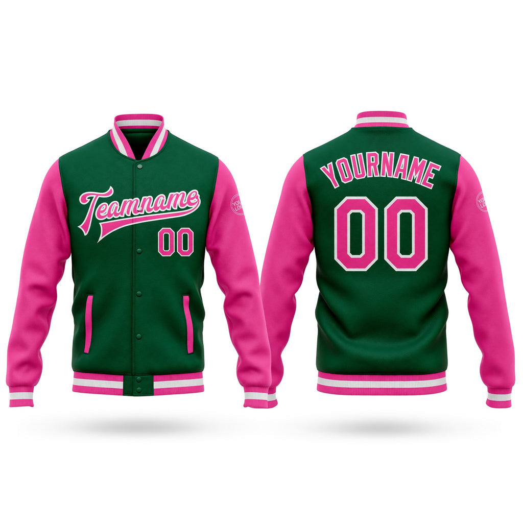 Custom Kelly Green Pink-White Bomber Full-Snap Varsity Letterman Two Tone Jacket