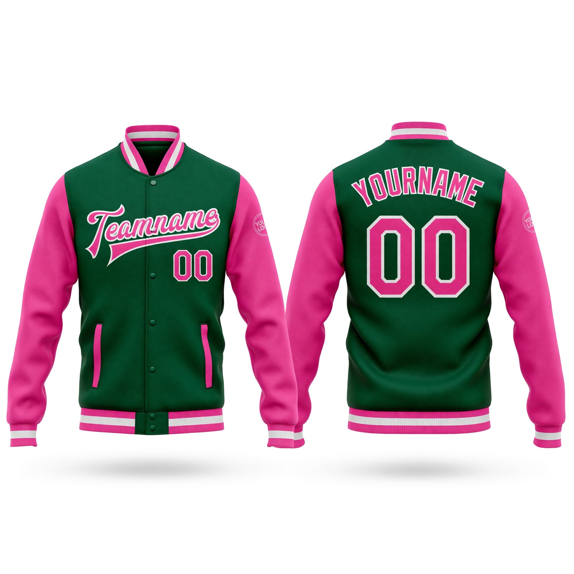 Custom Kelly Green Pink-White Bomber Full-Snap Varsity Letterman Two Tone Jacket