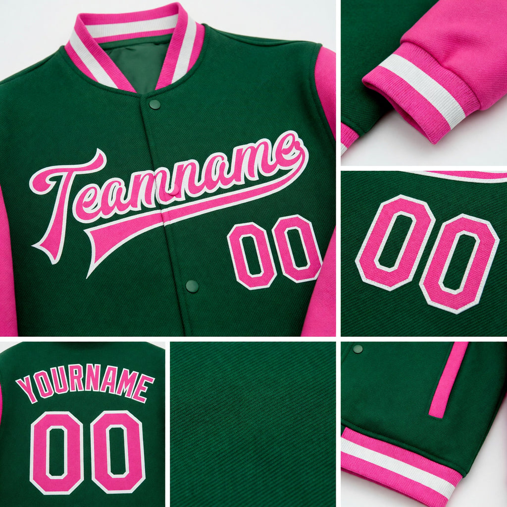 Custom Kelly Green Pink-White Bomber Full-Snap Varsity Letterman Two Tone Jacket detail