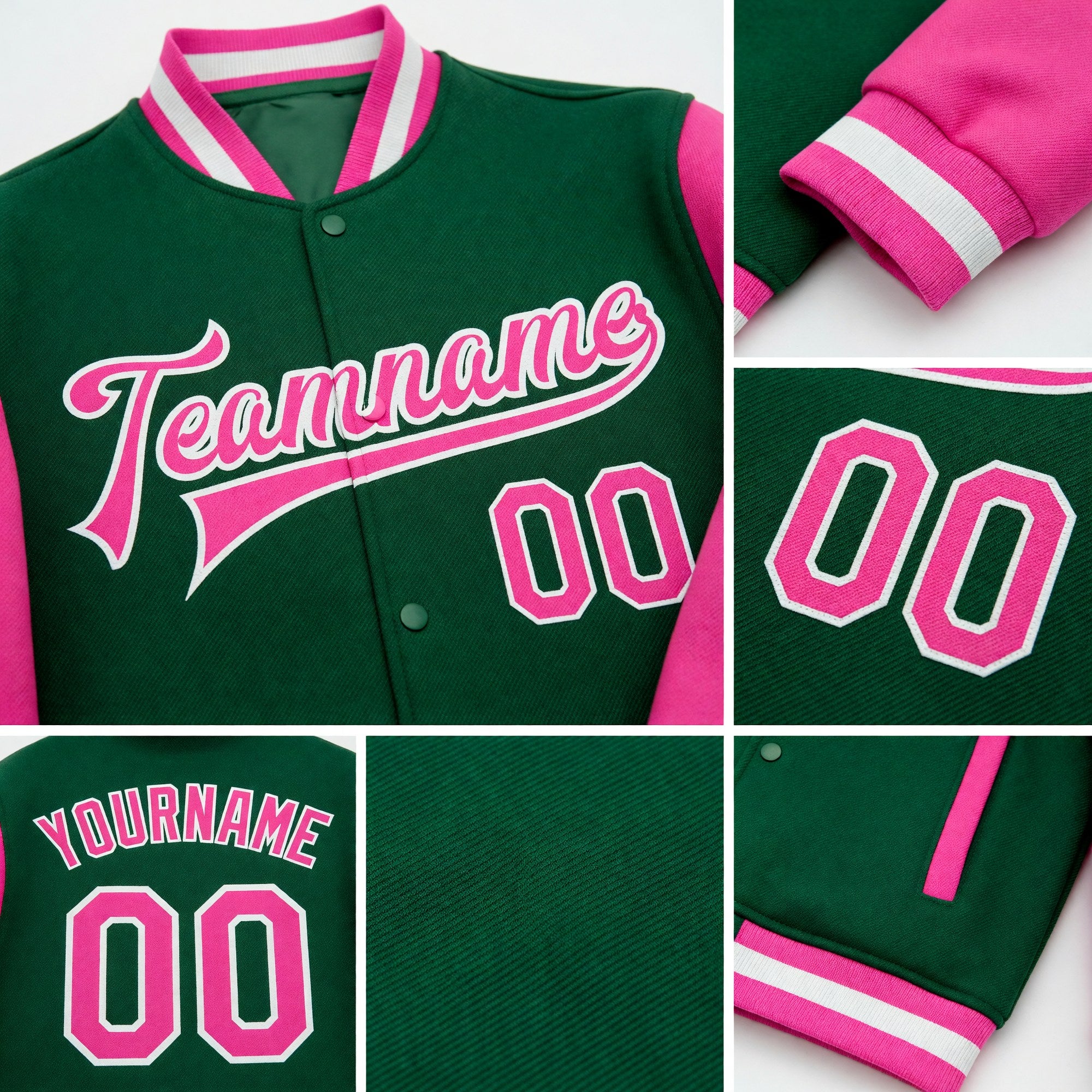 Custom Kelly Green Pink-White Bomber Full-Snap Varsity Letterman Two Tone Jacket detail
