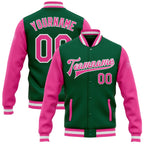 Custom Kelly Green Pink-White Bomber Full-Snap Varsity Letterman Two Tone Jacket photo 1