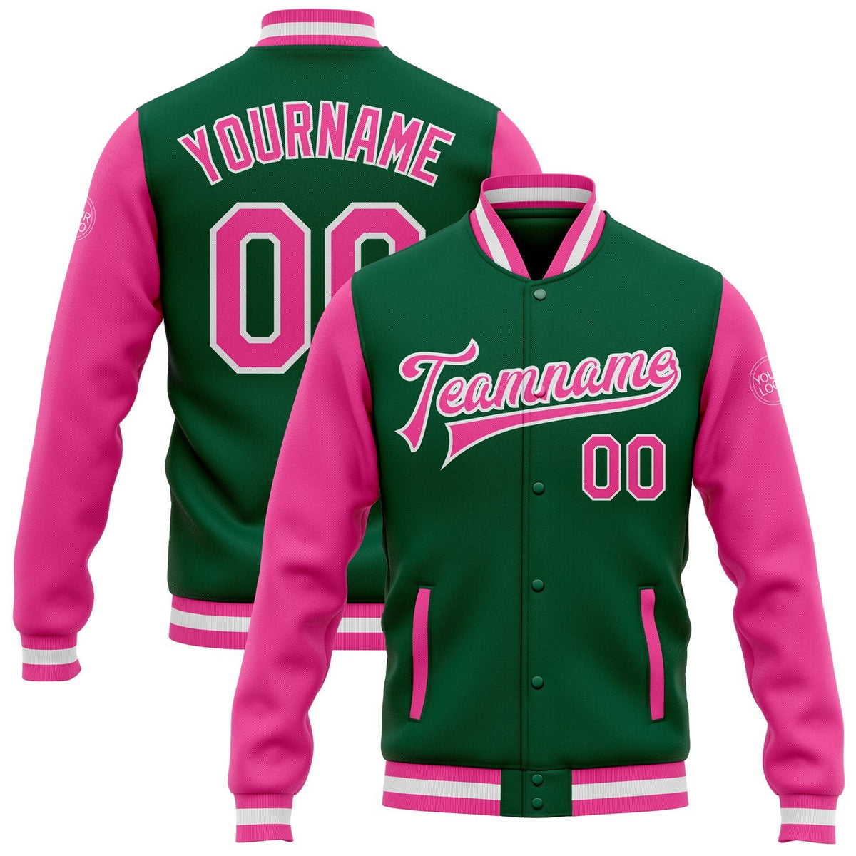 Custom Kelly Green Pink-White Bomber Full-Snap Varsity Letterman Two Tone Jacket photo 1