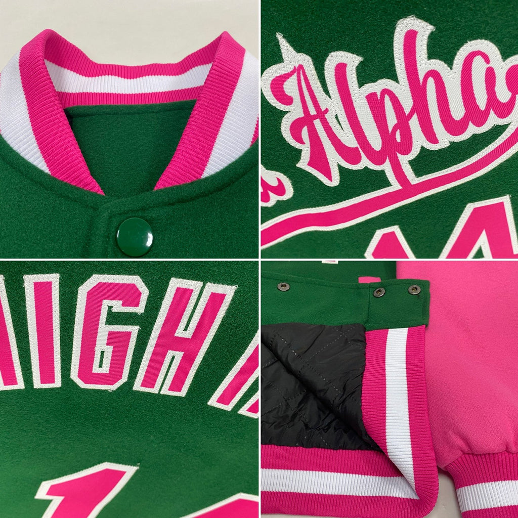 Custom Kelly Green Pink-White Bomber Full-Snap Varsity Letterman Two Tone Jacket photo 4