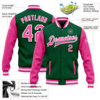 Custom Kelly Green Pink-White Bomber Full-Snap Varsity Letterman Two Tone Jacket photo 5