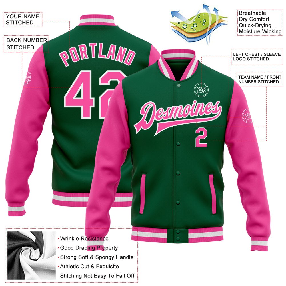 Custom Kelly Green Pink-White Bomber Full-Snap Varsity Letterman Two Tone Jacket photo 5