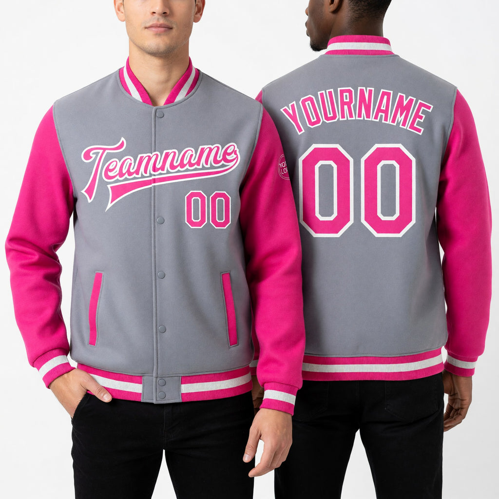 Custom Gray Pink-White Bomber Full-Snap Varsity Letterman Two Tone Jacket worn front and back