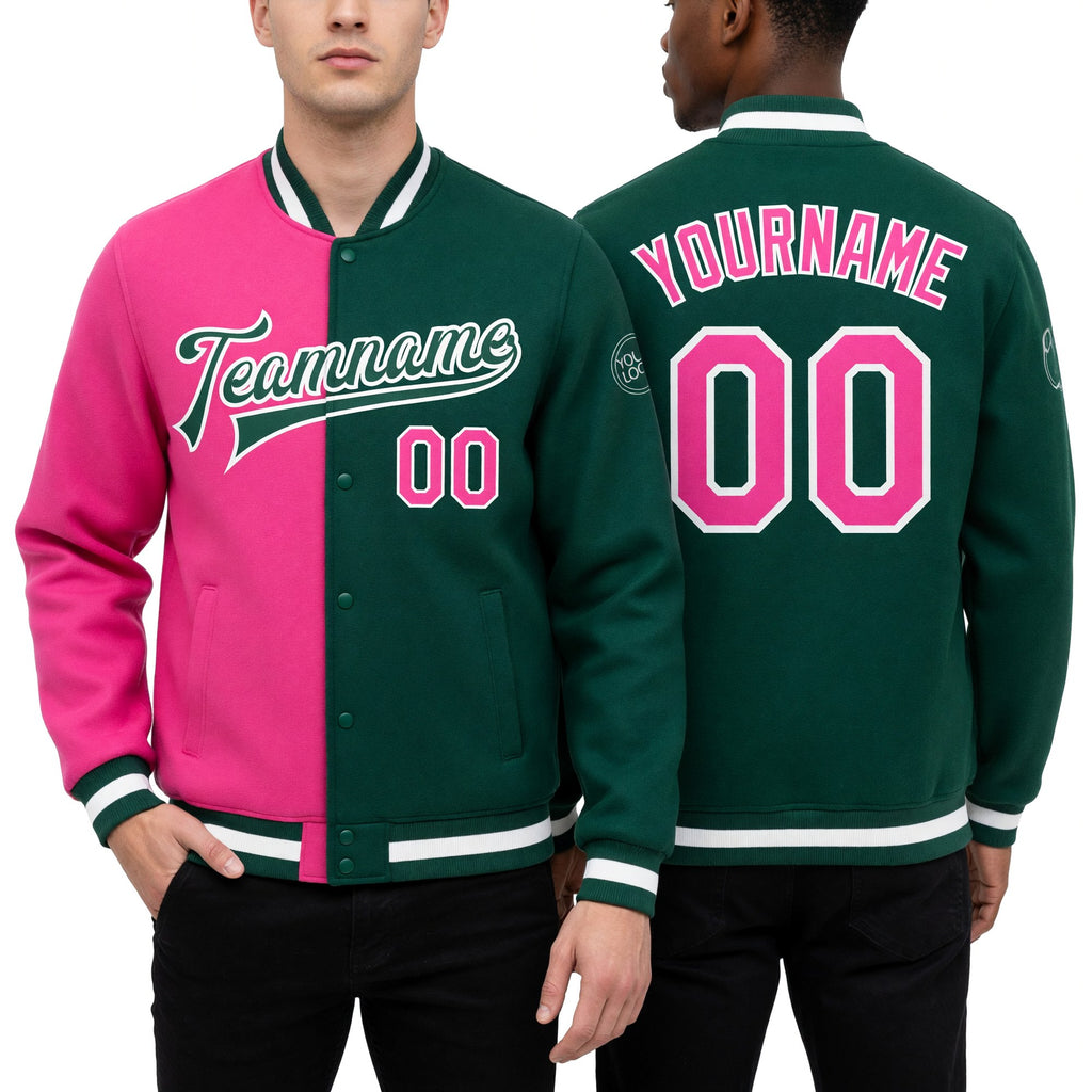 Custom Kelly Green Pink-White Bomber Full-Snap Varsity Letterman Split Fashion Jacket worn front and back