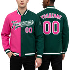 Custom Kelly Green Pink-White Bomber Full-Snap Varsity Letterman Split Fashion Jacket worn front and back