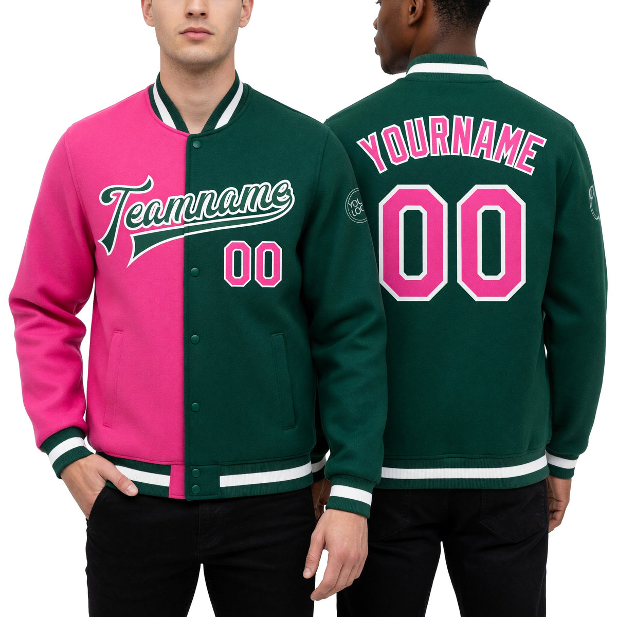 Custom Kelly Green Pink-White Bomber Full-Snap Varsity Letterman Split Fashion Jacket worn front and back