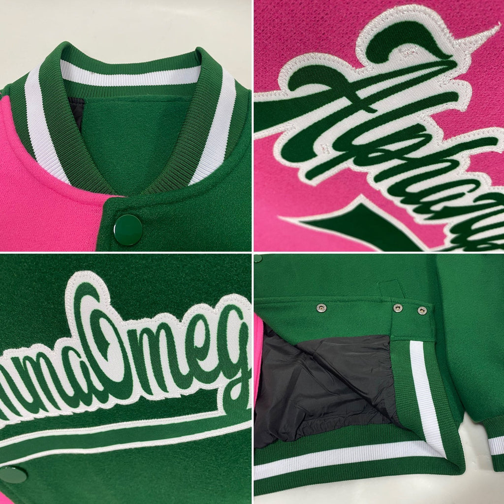 Custom Kelly Green Pink-White Bomber Full-Snap Varsity Letterman Split Fashion Jacket photo 4