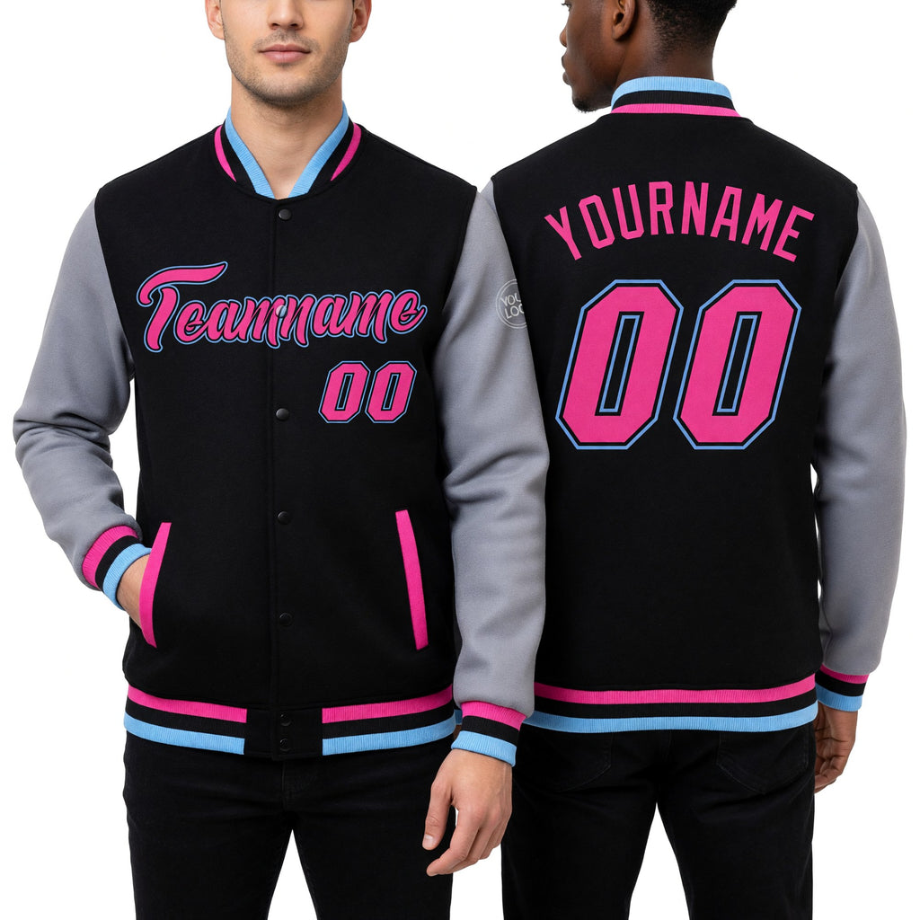 Custom Black Pink Gray-Light Blue Bomber Full-Snap Varsity Letterman Two Tone Jacket worn front and back