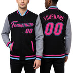 Custom Black Pink Gray-Light Blue Bomber Full-Snap Varsity Letterman Two Tone Jacket worn front and back