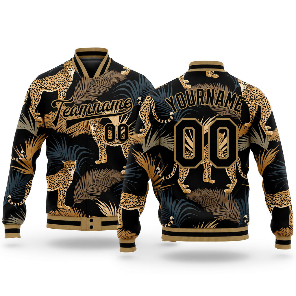 Custom Black Black-Old Gold Tropical Leopard With Palms 3D Pattern Design Bomber Full-Snap Varsity Letterman Jacket