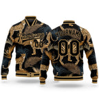 Custom Black Black-Old Gold Tropical Leopard With Palms 3D Pattern Design Bomber Full-Snap Varsity Letterman Jacket