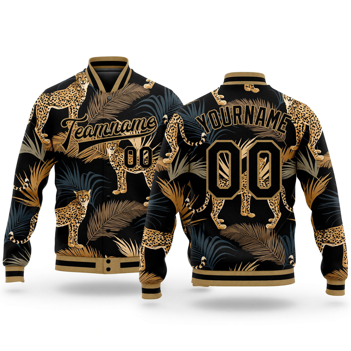 Custom Black Black-Old Gold Tropical Leopard With Palms 3D Pattern Design Bomber Full-Snap Varsity Letterman Jacket