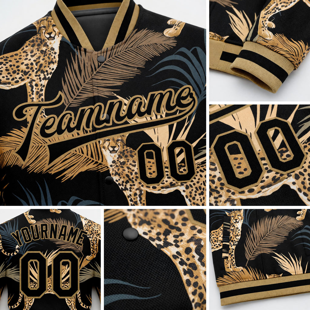 Custom Black Black-Old Gold Tropical Leopard With Palms 3D Pattern Design Bomber Full-Snap Varsity Letterman Jacket detail
