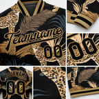 Custom Black Black-Old Gold Tropical Leopard With Palms 3D Pattern Design Bomber Full-Snap Varsity Letterman Jacket detail