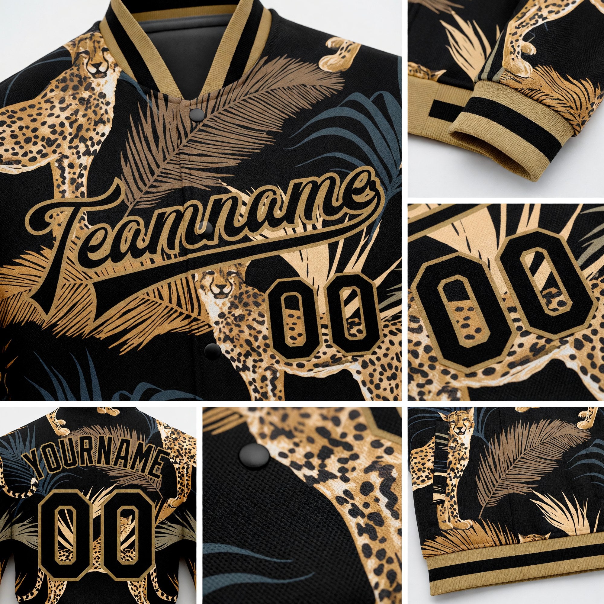 Custom Black Black-Old Gold Tropical Leopard With Palms 3D Pattern Design Bomber Full-Snap Varsity Letterman Jacket detail