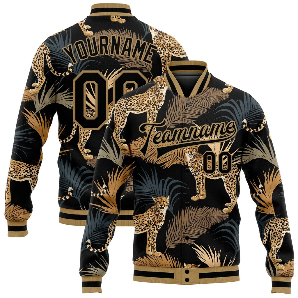 Custom Black Black-Old Gold Tropical Leopard With Palms 3D Pattern Design Bomber Full-Snap Varsity Letterman Jacket photo 1
