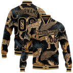 Custom Black Black-Old Gold Tropical Leopard With Palms 3D Pattern Design Bomber Full-Snap Varsity Letterman Jacket photo 1