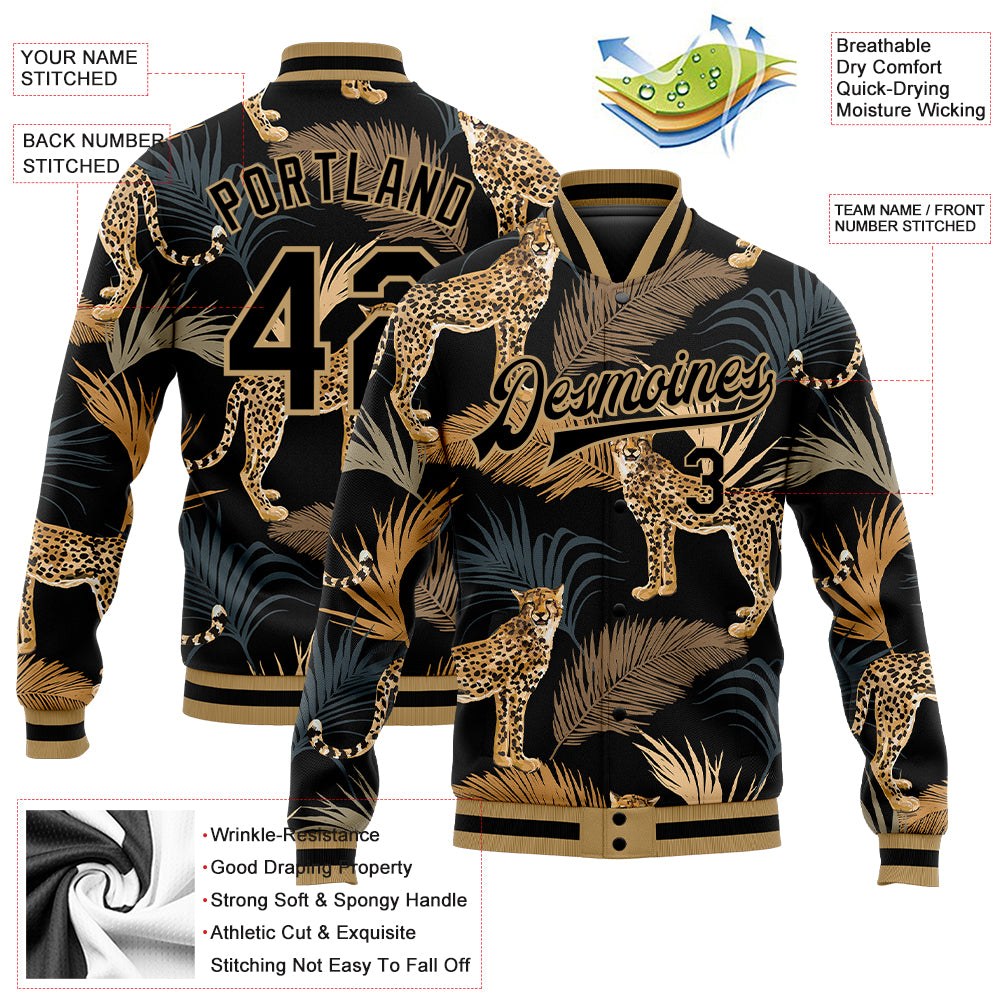 Custom Black Black-Old Gold Tropical Leopard With Palms 3D Pattern Design Bomber Full-Snap Varsity Letterman Jacket photo 5