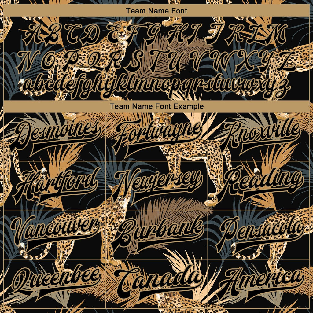 Custom Black Black-Old Gold Tropical Leopard With Palms 3D Pattern Design Bomber Full-Snap Varsity Letterman Jacket photo 6